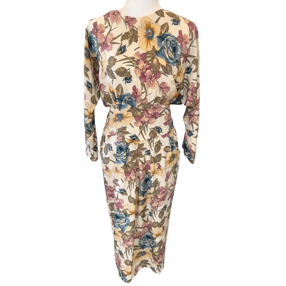 Strait Lane Vintage Floral Midi Dress Cream Pastel Garden Party Size 8